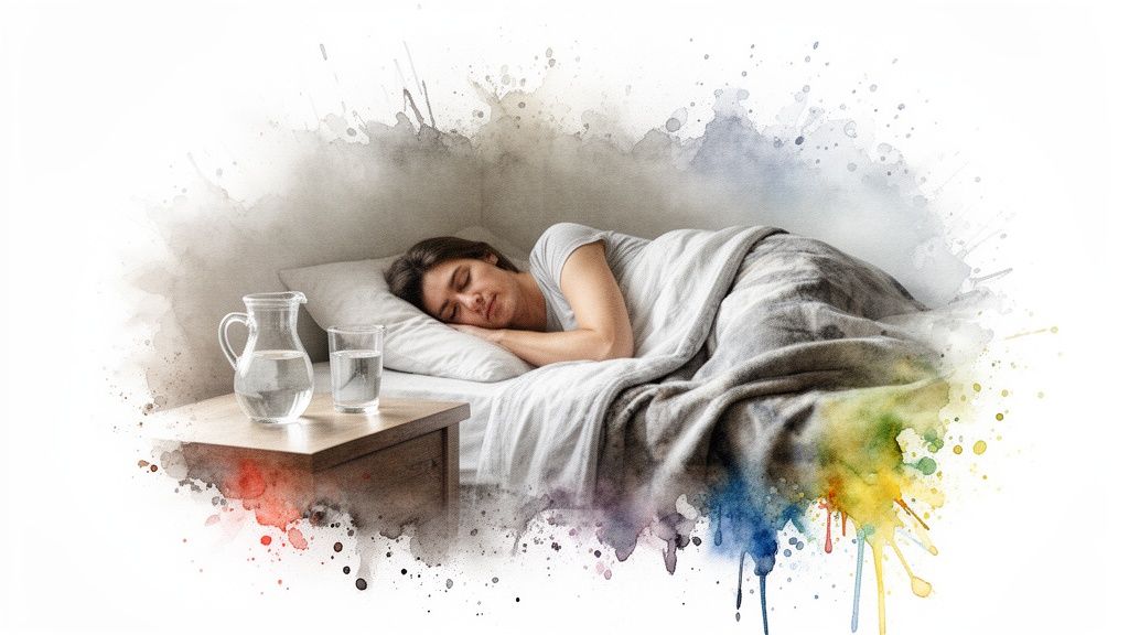 Nainen nukkuu rauhallisesti sängyssä. Yöpöydällä on vesikannu ja lasi. Kuva on akvarellityylinen.