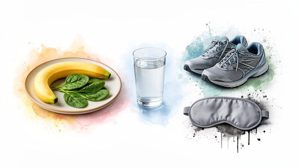 Pildil on banaan, spinat, klaas vett, jooksujalatsid ja unemask, mis sümboliseerivad tervislikke eluviise.