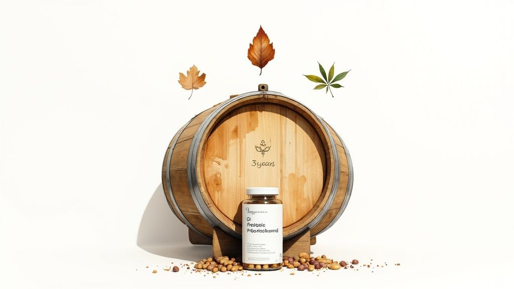 Dr Ohhira probiootikumide pudel tammevaadi ees, ümbritsetud pähklite ja sügislehtedega