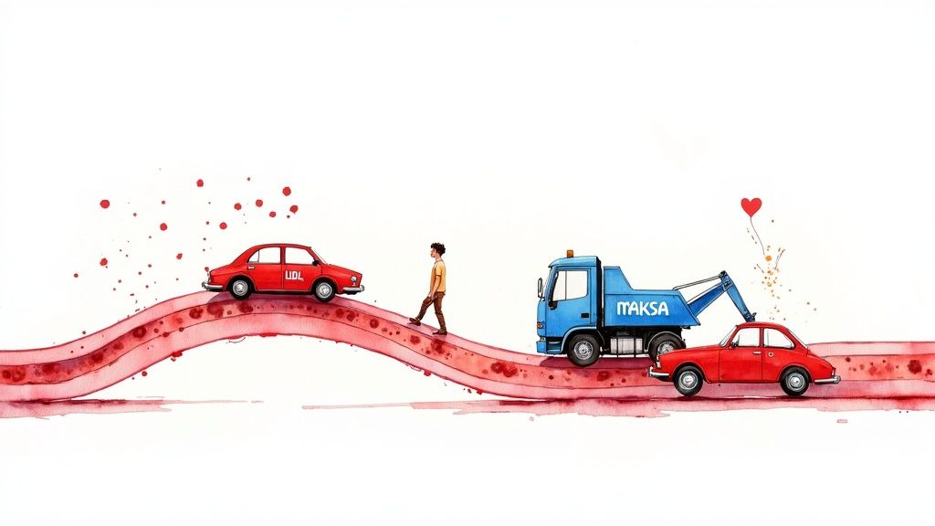 Kuva havainnollistaa kolesterolitasapainoa verisuonessa, jossa maksa ja LDL-kolesteroli vaikuttavat sydämen terveyteen.