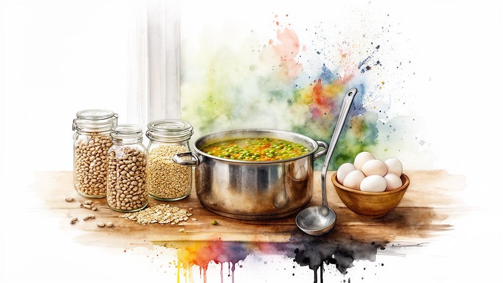 Kattila kasviskeittoa, munia ja kuivatuotteita lasipurkeissa puupöydällä, värikäs akvarellitausta.