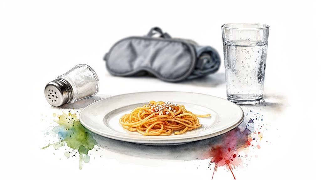 Lautasellinen spagettia, suolasirotin, vesilasi ja unimaski. Koostumus akvarelliroiskeiden kanssa valkoisella taustalla.