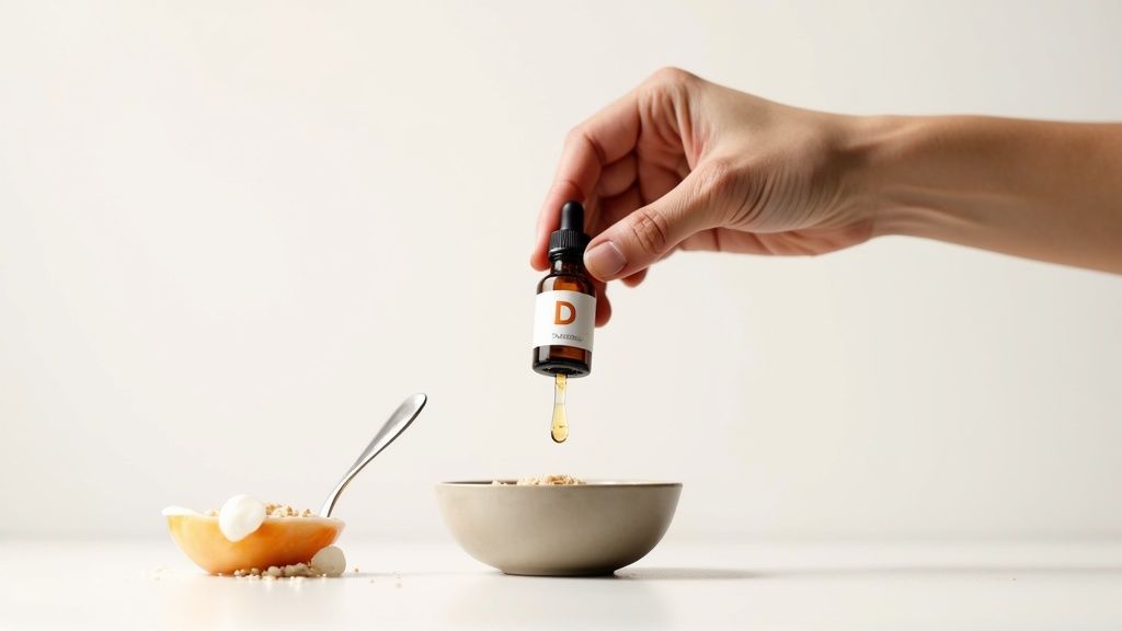 Käsi lisab D-vitamiini tilku kaussi kaerahelvestega, pakkudes tervislikku toidulisandit.