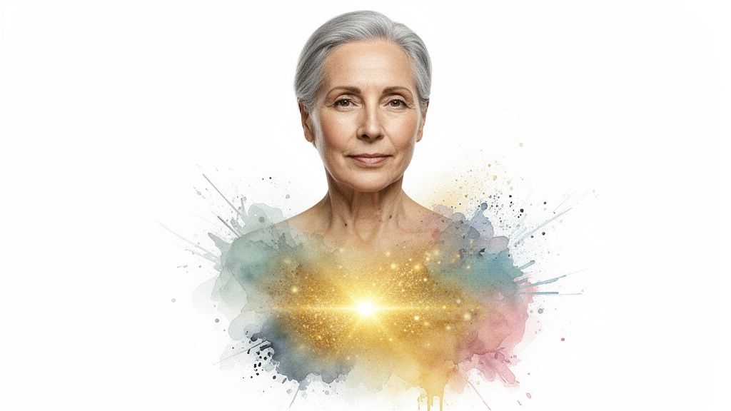 Rahuliku ilmega vanem naine hallide juustega, rinnal värvikas akvarellikild särava valgusega.