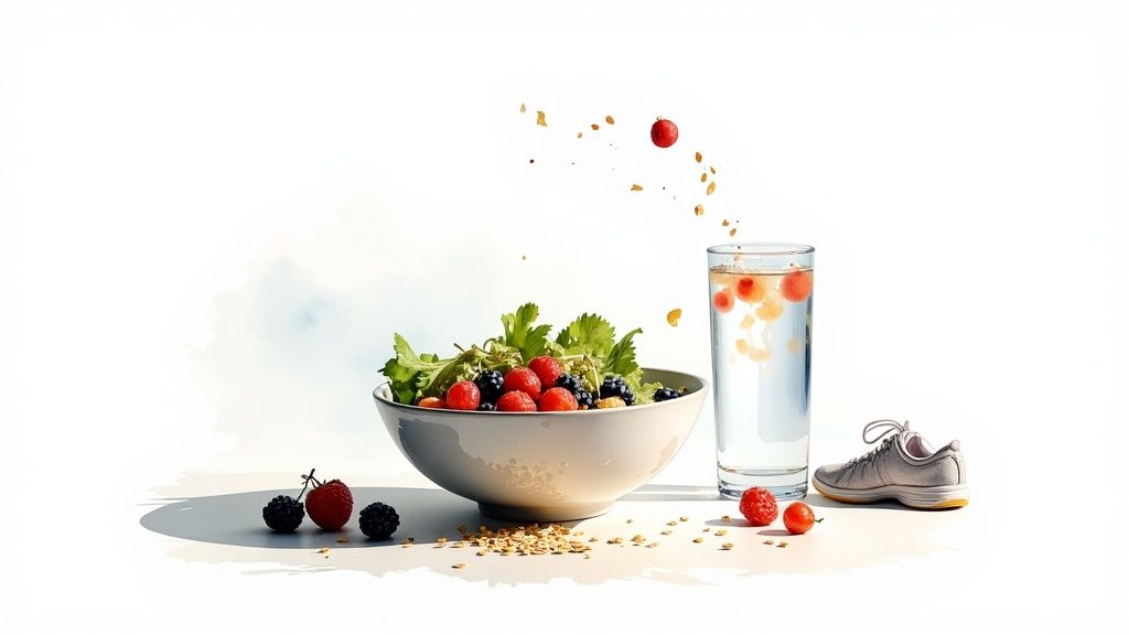 Kulho salaattia marjoilla, vesilasi ja juoksukenkä symboloivat terveellistä elämäntapaa ja liikuntaa.