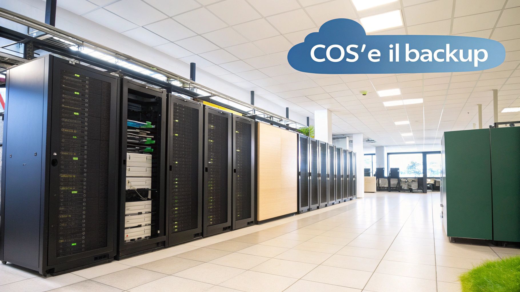 Una rappresentazione visiva dei server di backup che proteggono i dati da varie minacce digitali.