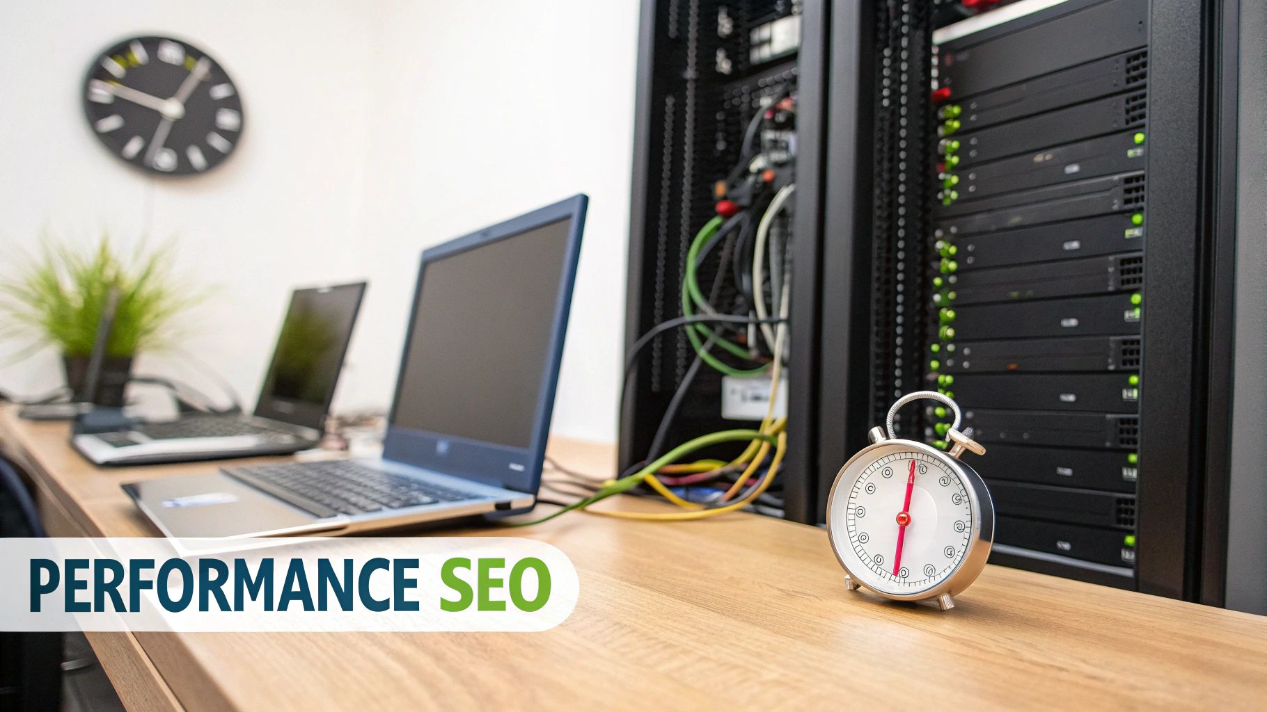 Una persona che lavora su un laptop con grafici di performance e icone SEO sullo sfondo, a simboleggiare l'impatto della velocità sul ranking.