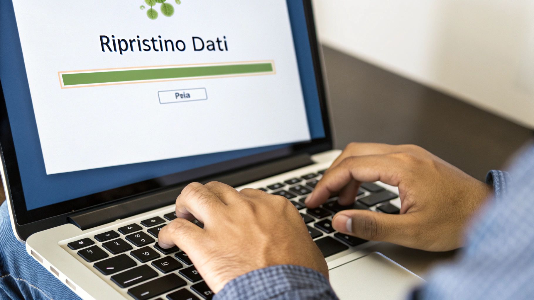 Una persona imposta una routine di backup automatizzata su un laptop, con icone che rappresentano il tempo e l'affidabilità.