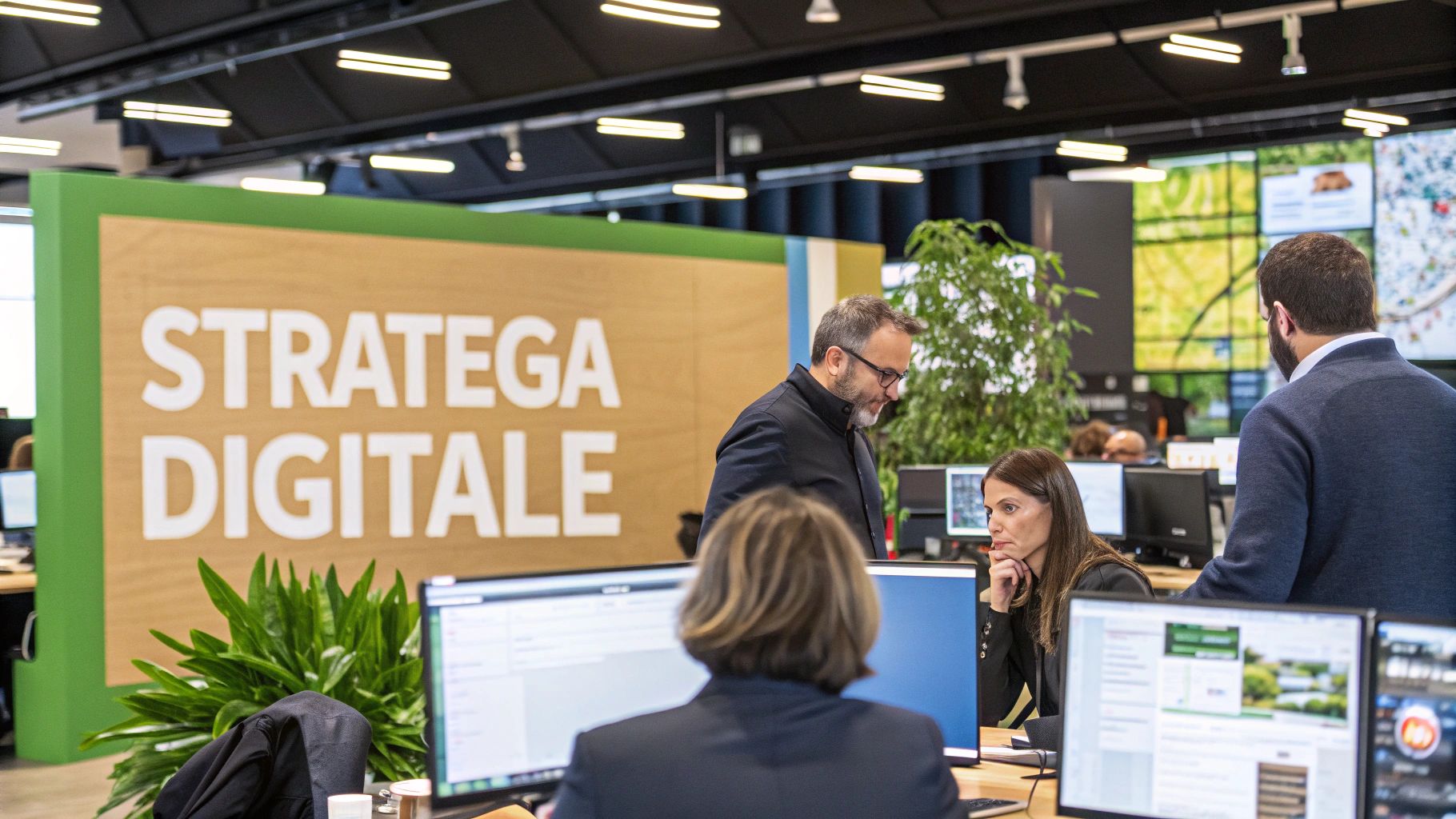 Un professionista che pianifica una strategia social su una lavagna trasparente