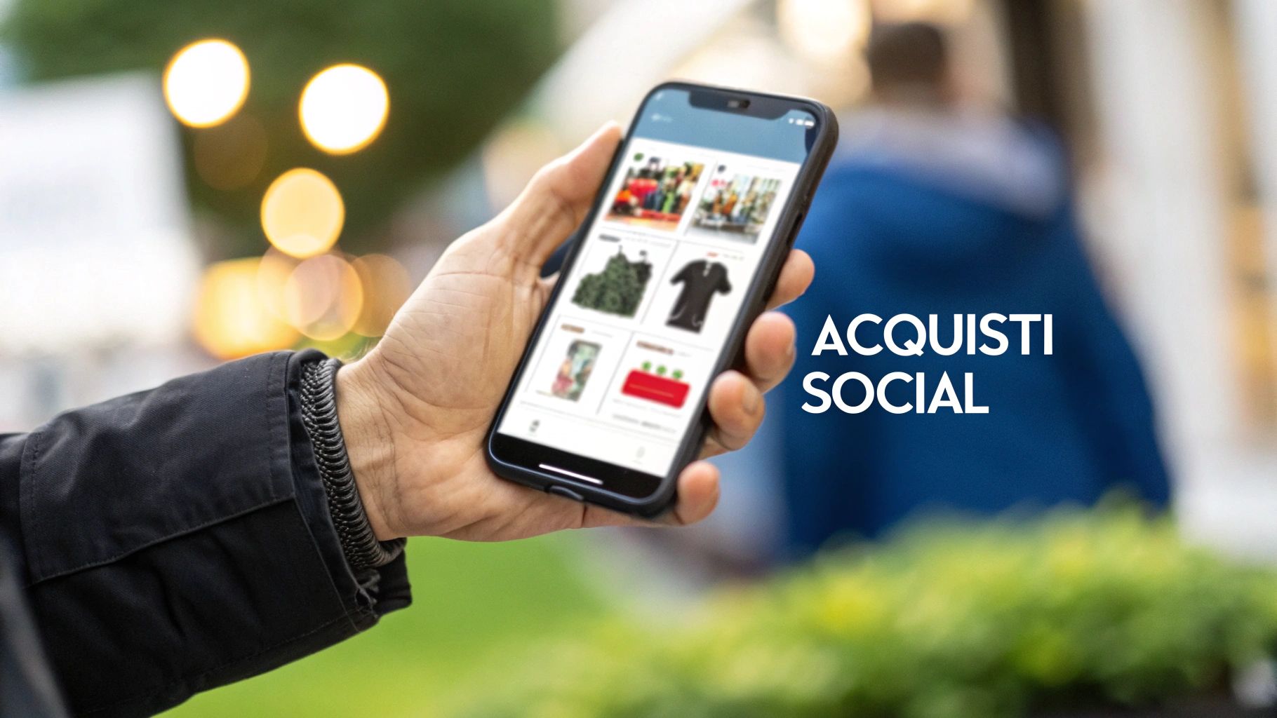 Illustrazione che mostra come una strategia di social commerce integra l'interazione sui social media con le funzionalità di acquisto online.