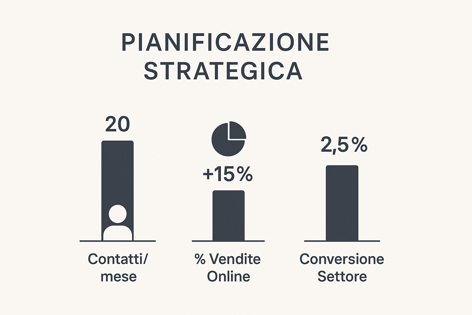 Infografica che mostra metriche chiave per la pianificazione di un sito web aziendale: Contatti al mese (20), Aumento vendite online (+15%), Tasso di conversione medio del settore (2.5%)
