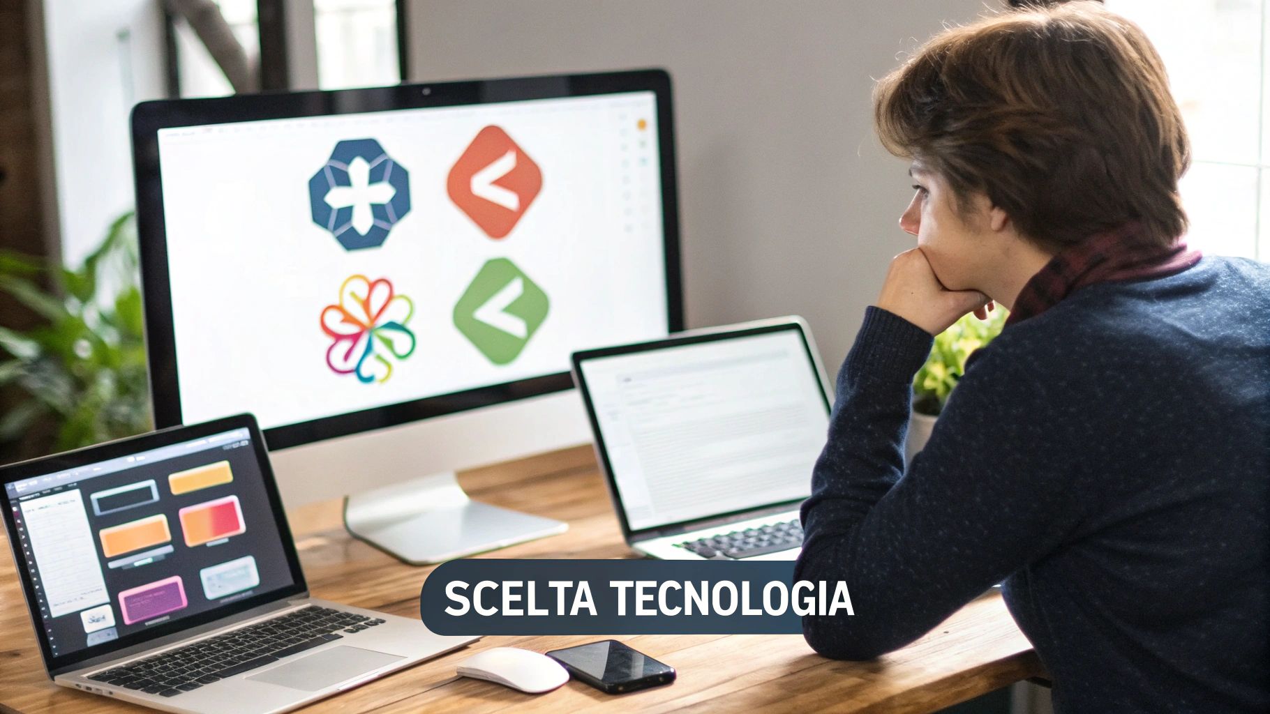 Una persona sceglie tra diverse opzioni tecnologiche su uno schermo, rappresentando la decisione tra WordPress, website builder e sviluppo custom