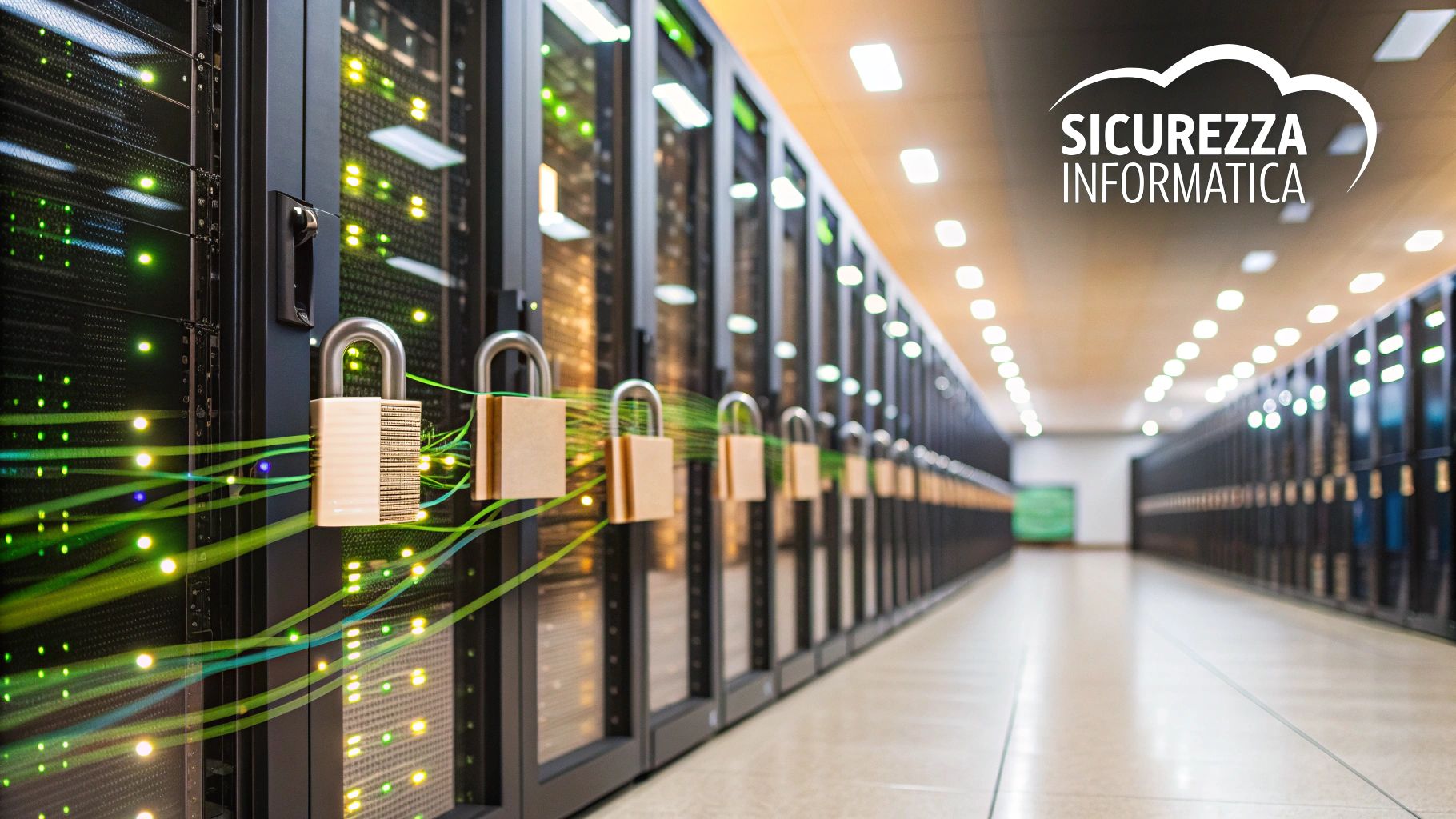 Un lucchetto digitale proiettato su una rete di server, a simboleggiare la sicurezza informatica e la protezione dei dati.