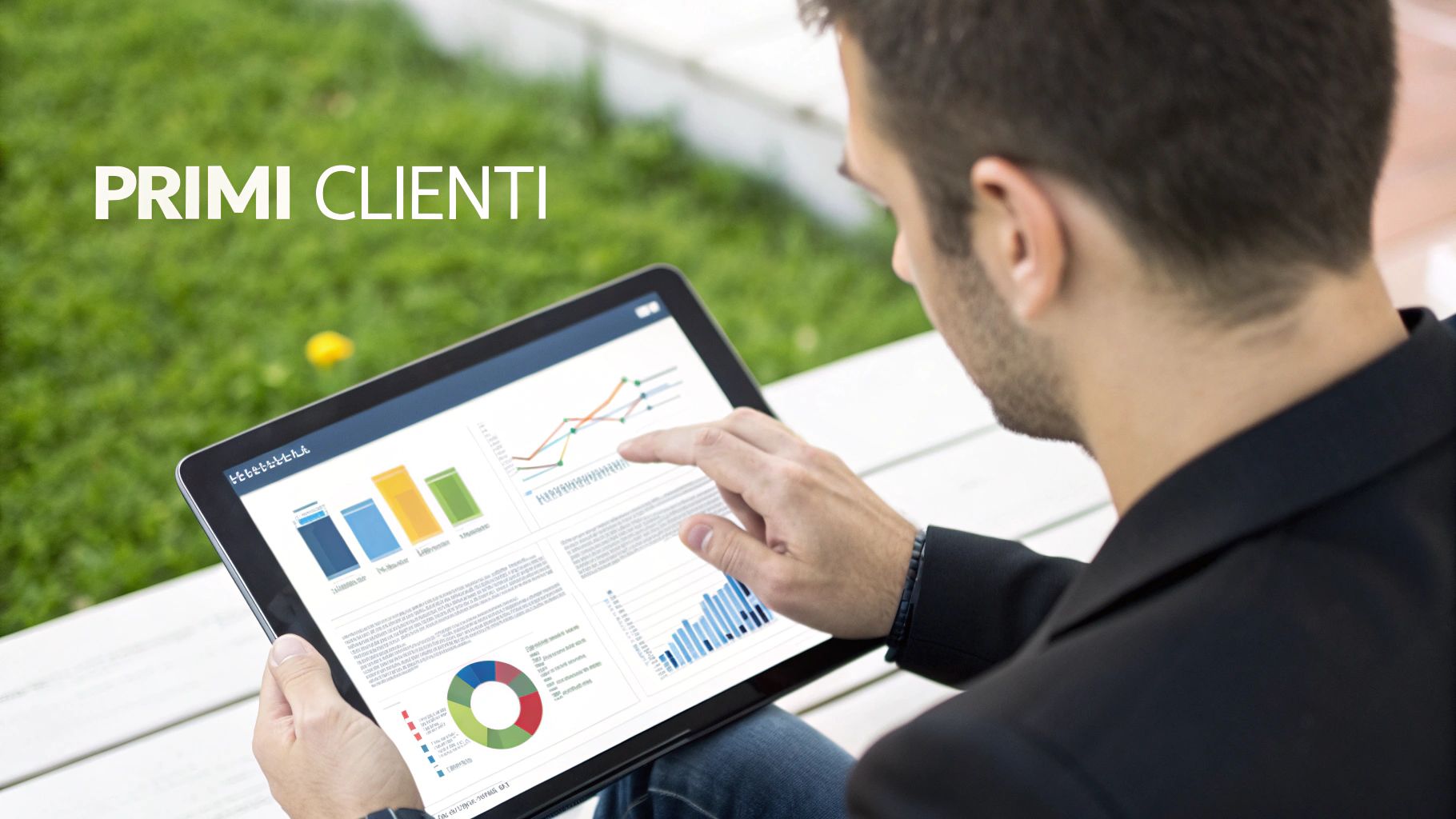 Una persona analizza i dati di marketing su un tablet, con grafici e icone che rappresentano i social media e la SEO.