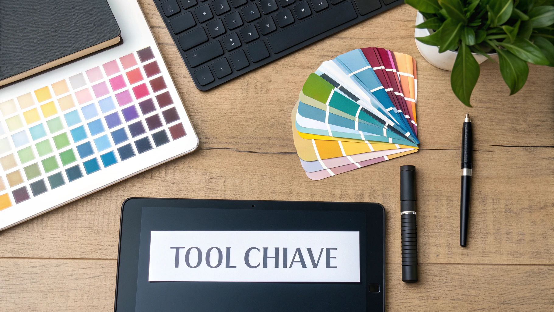 Una persona che lavora su un tablet grafico, con campioni di colore e schizzi sul tavolo.