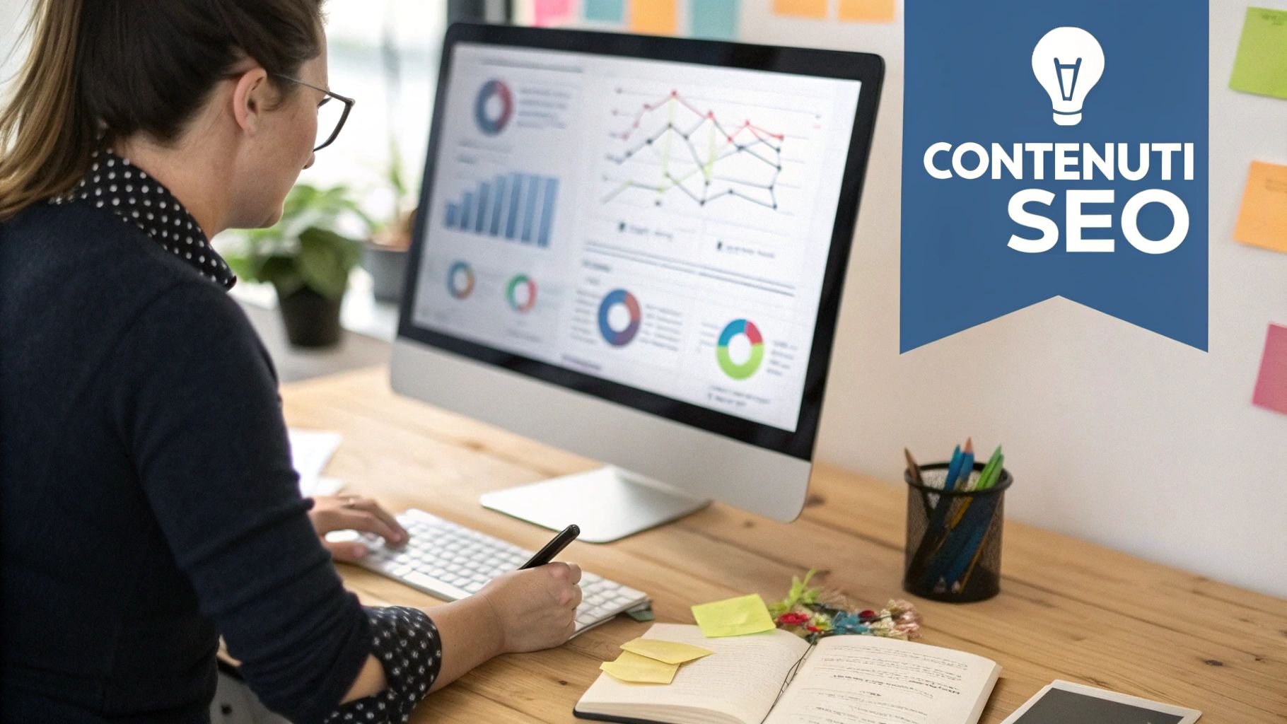 Una persona scrive su un quaderno seduta a una scrivania con un laptop, simbolo della creazione di contenuti.