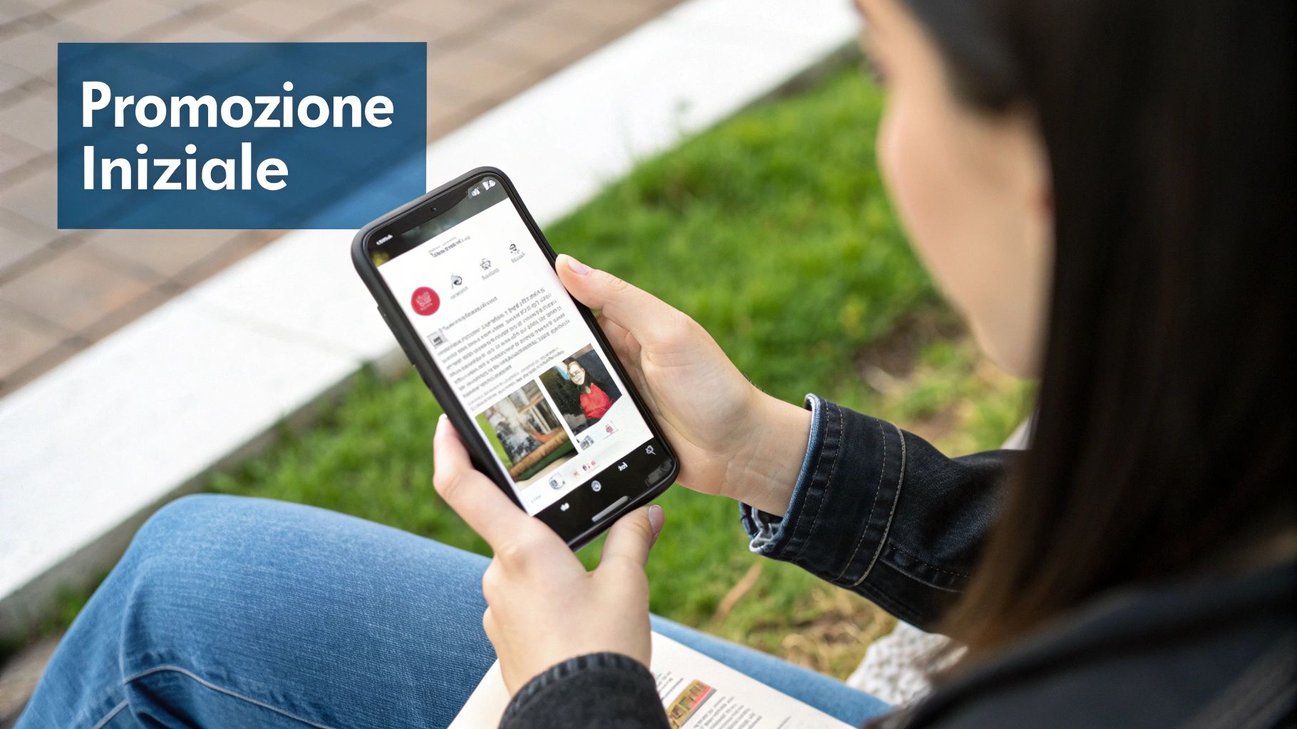 Una persona che promuove un libro sui social media usando un computer portatile e uno smartphone, con icone di social network in sottofondo.