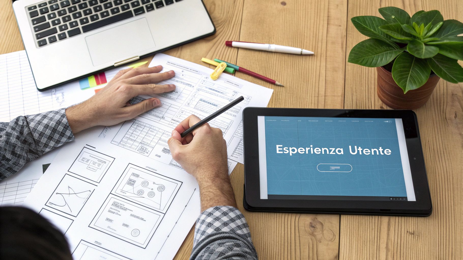 Una persona che progetta un'interfaccia utente su uno schermo, simbolo del design di un sito web professionale.