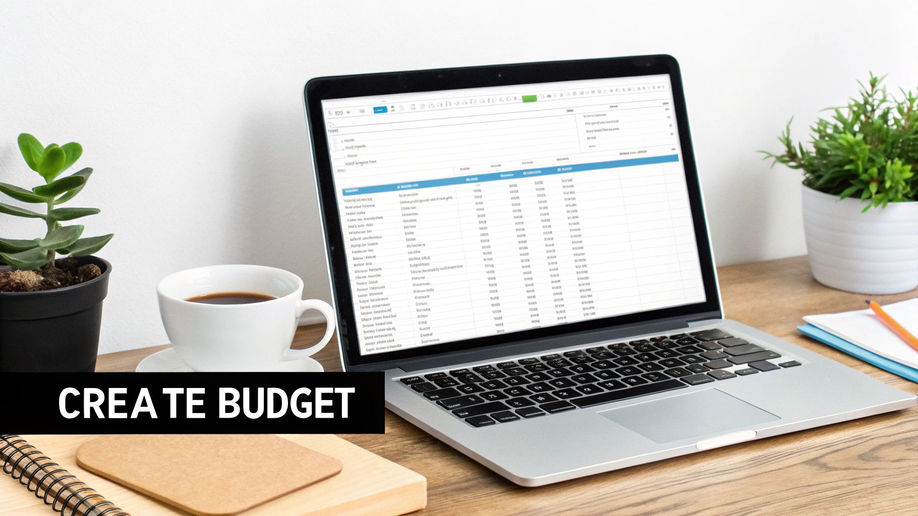 A person working on a spreadsheet budget on a laptop, with a calculator and coffee nearby, symbolizing planning and action.