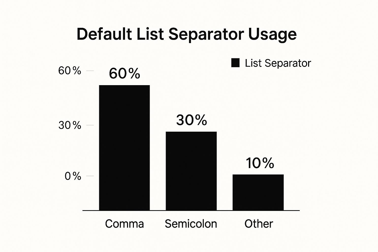 A bar chart showing the usage of different list separators, with Comma at 60%, Semicolon at 30%, and Other at 10%.