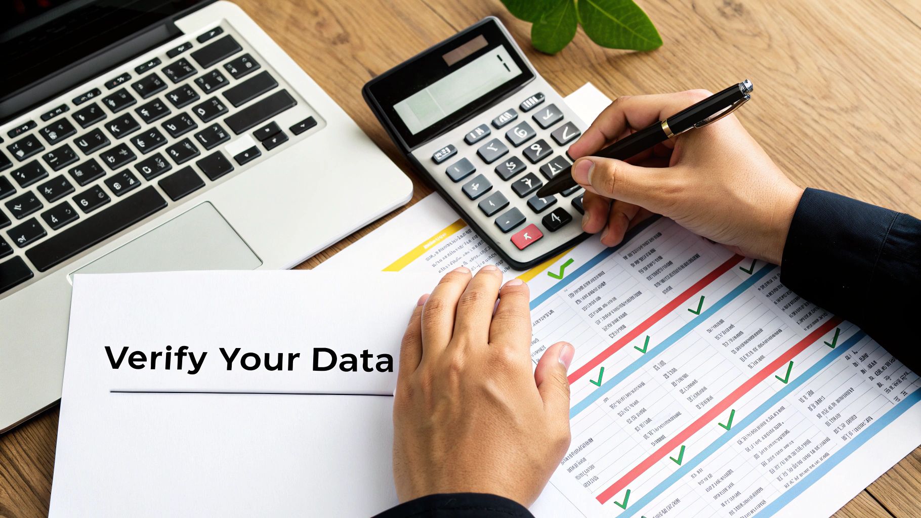A person at a desk reviewing financial documents on a laptop, with a calculator and the original PDF nearby.