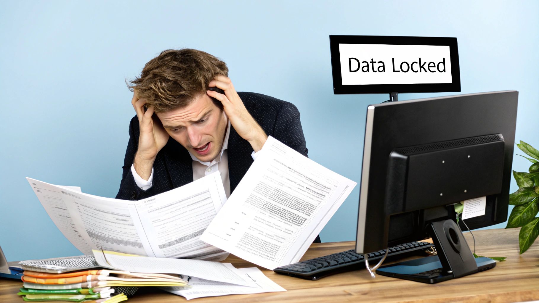 A person looking frustrated at a computer screen showing a PDF and an Excel spreadsheet.