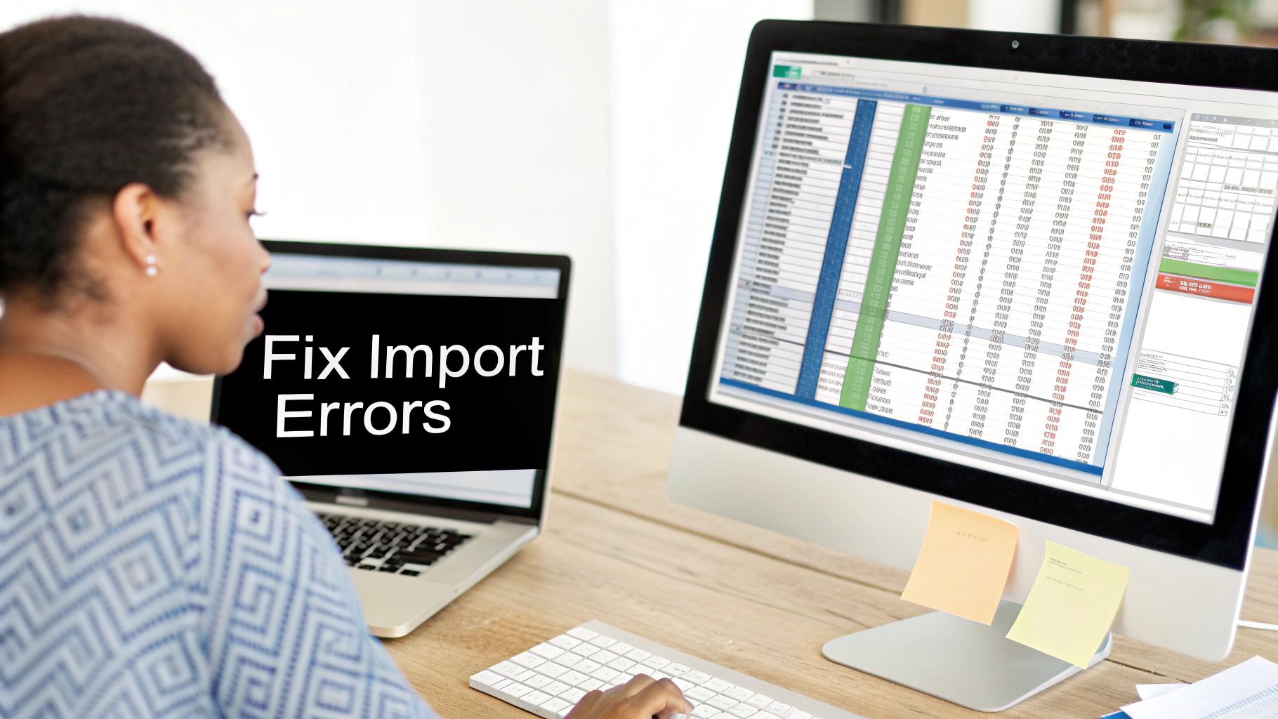 A person looking at a laptop screen with a red error message, symbolizing a QuickBooks import problem.