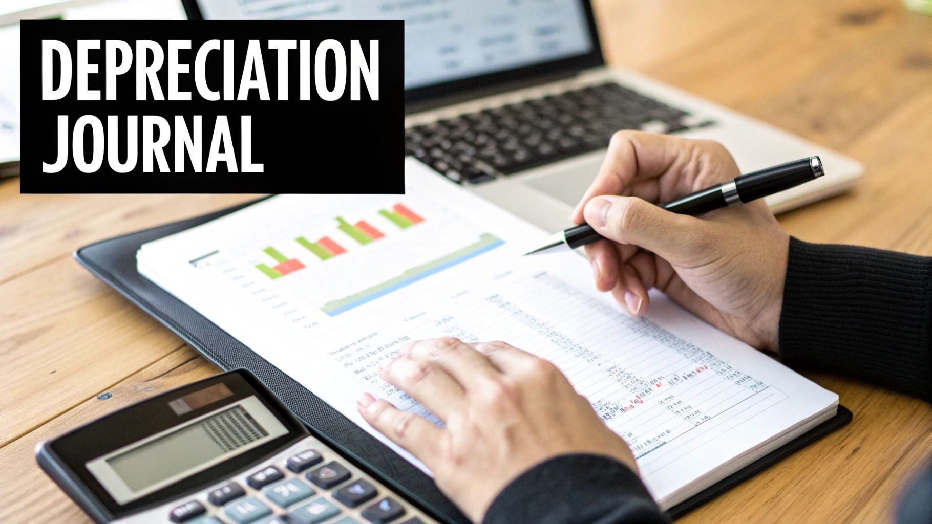 Journal with pen and calculator, representing the recording of depreciation entries