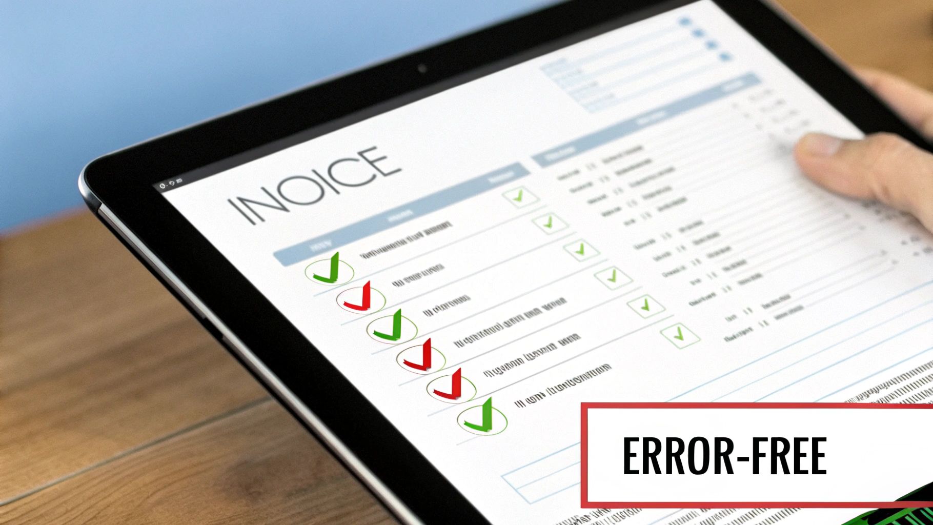 An icon-based graphic illustrating the reduction of errors. A document with a red 'X' transforms into a document with a green checkmark, symbolizing the transition from manual errors to automated accuracy.