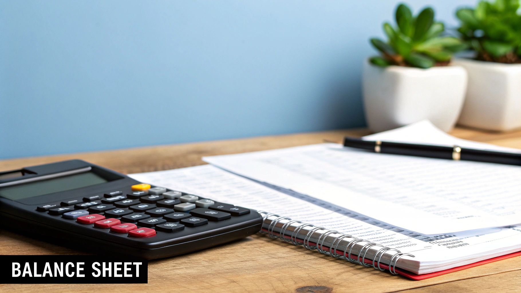 A balance sheet document with calculations and a pen.