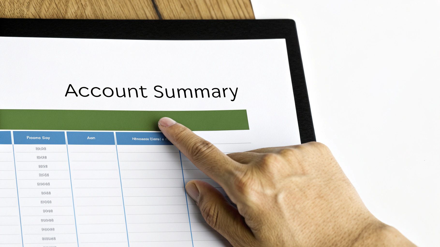 A bank statement with arrows pointing to the header, account summary, and transaction history sections.