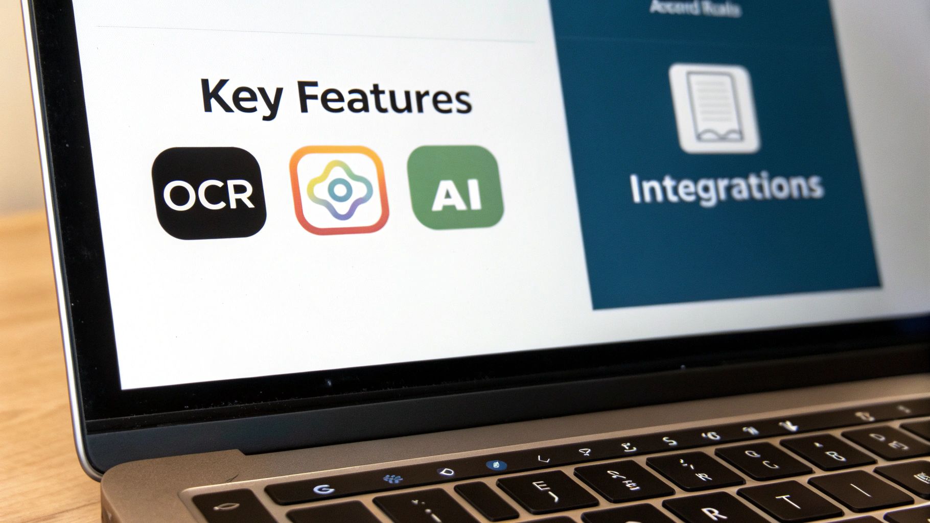 A checklist on a digital tablet with items like OCR, AI, and Integrations being checked off, illustrating feature evaluation.