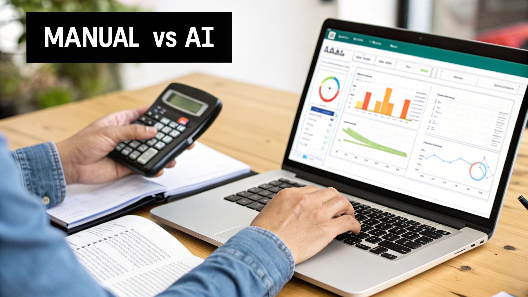 An image showing a split screen with a person manually reviewing paper documents on one side, and an automated software interface with data charts on the other.