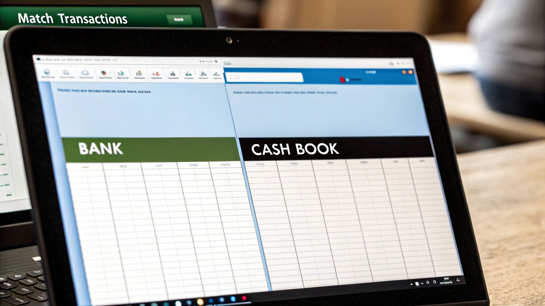 Man using laptop for bank reconciliation in Excel