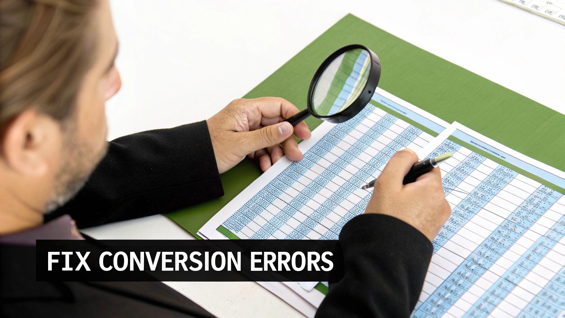 A magnifying glass hovering over a spreadsheet, symbolizing the process of finding and fixing errors.