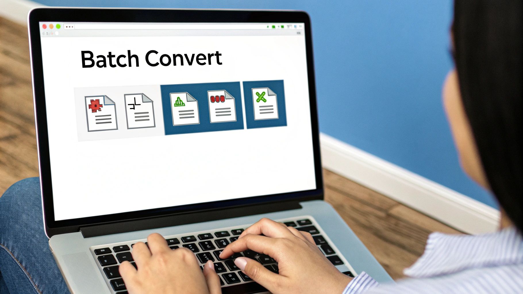 A person using a laptop to automate file conversion tasks.