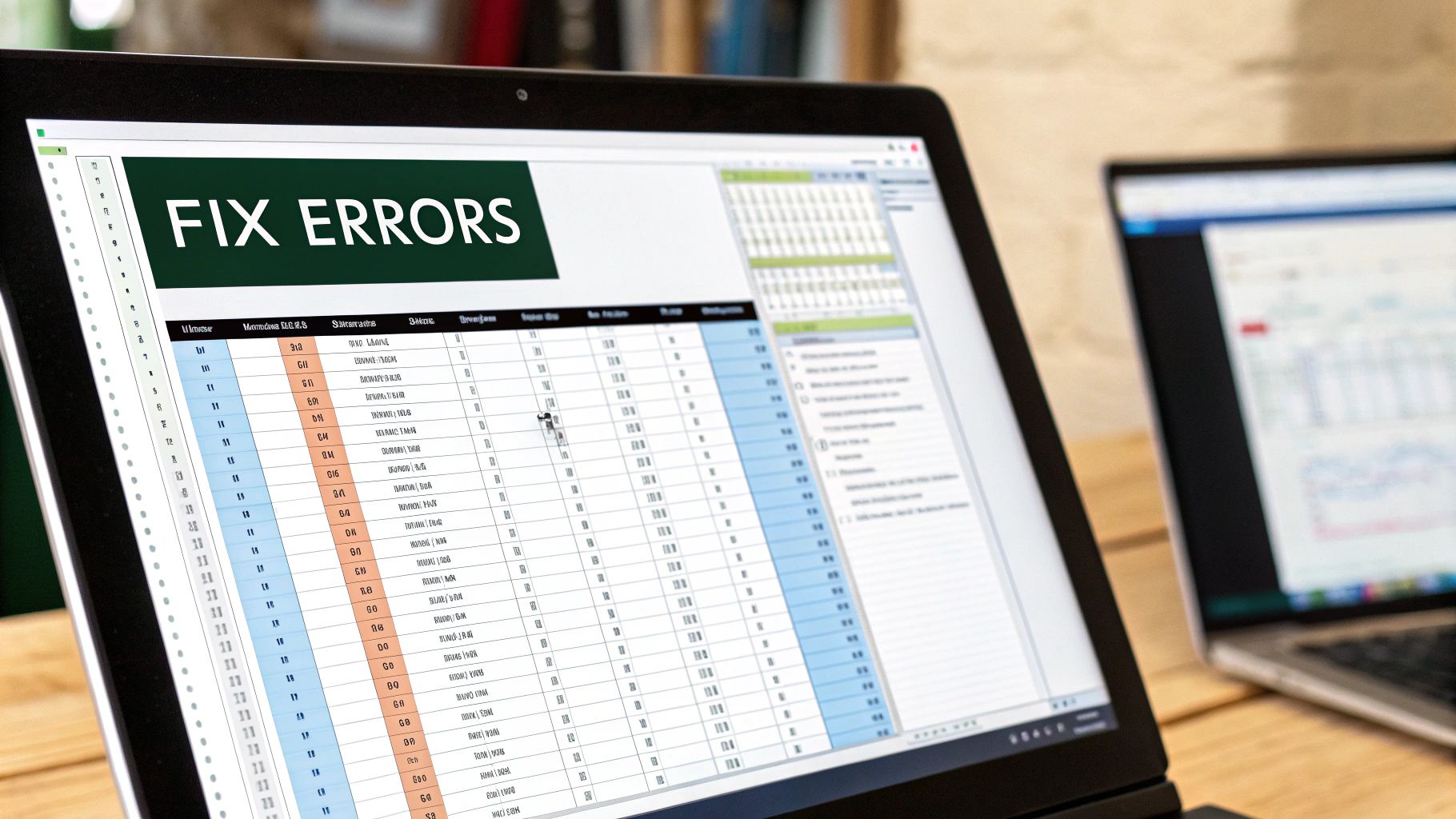 A person at a desk looking at an Excel spreadsheet with a magnifying glass, indicating troubleshooting.