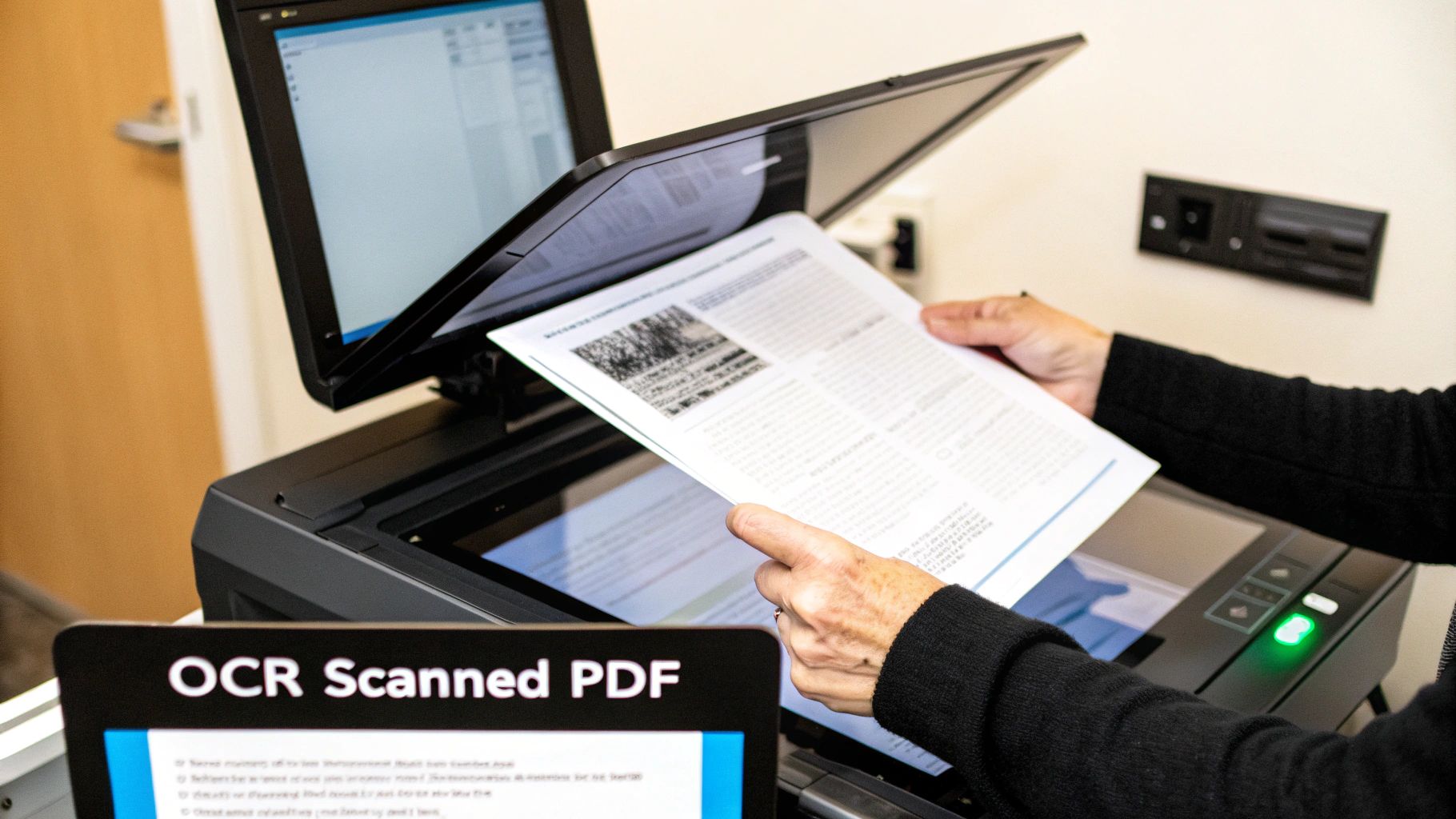 A magnifying glass over a document, symbolizing OCR technology scanning and recognizing text.
