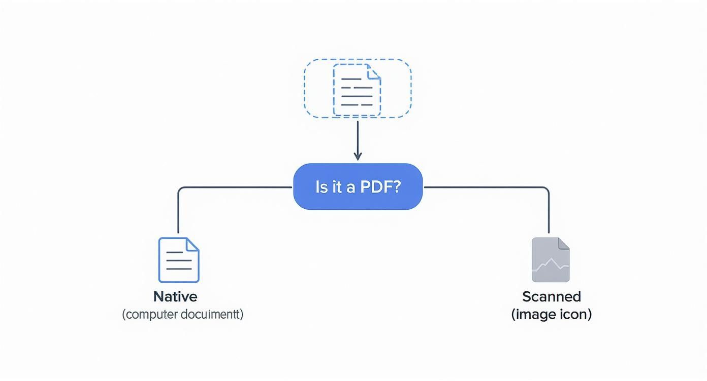 Infographic decision tree showing the difference between a native PDF and a scanned PDF.
