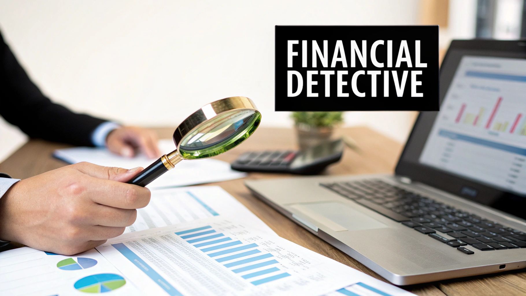 A financial professional meticulously reviewing documents with a magnifying glass, symbolizing the investigative nature of forensic accounting.