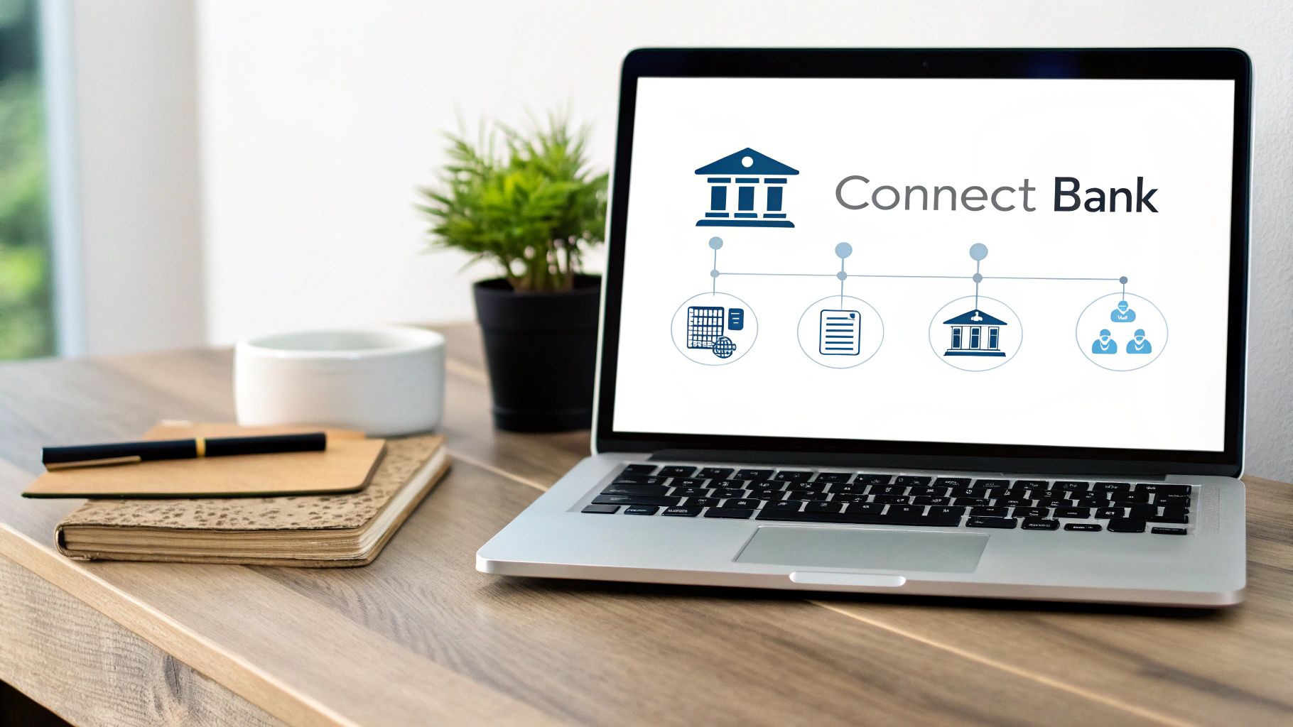 An organized desk with a laptop open to financial software, a calculator, and a notebook, representing the process of managing transactions.