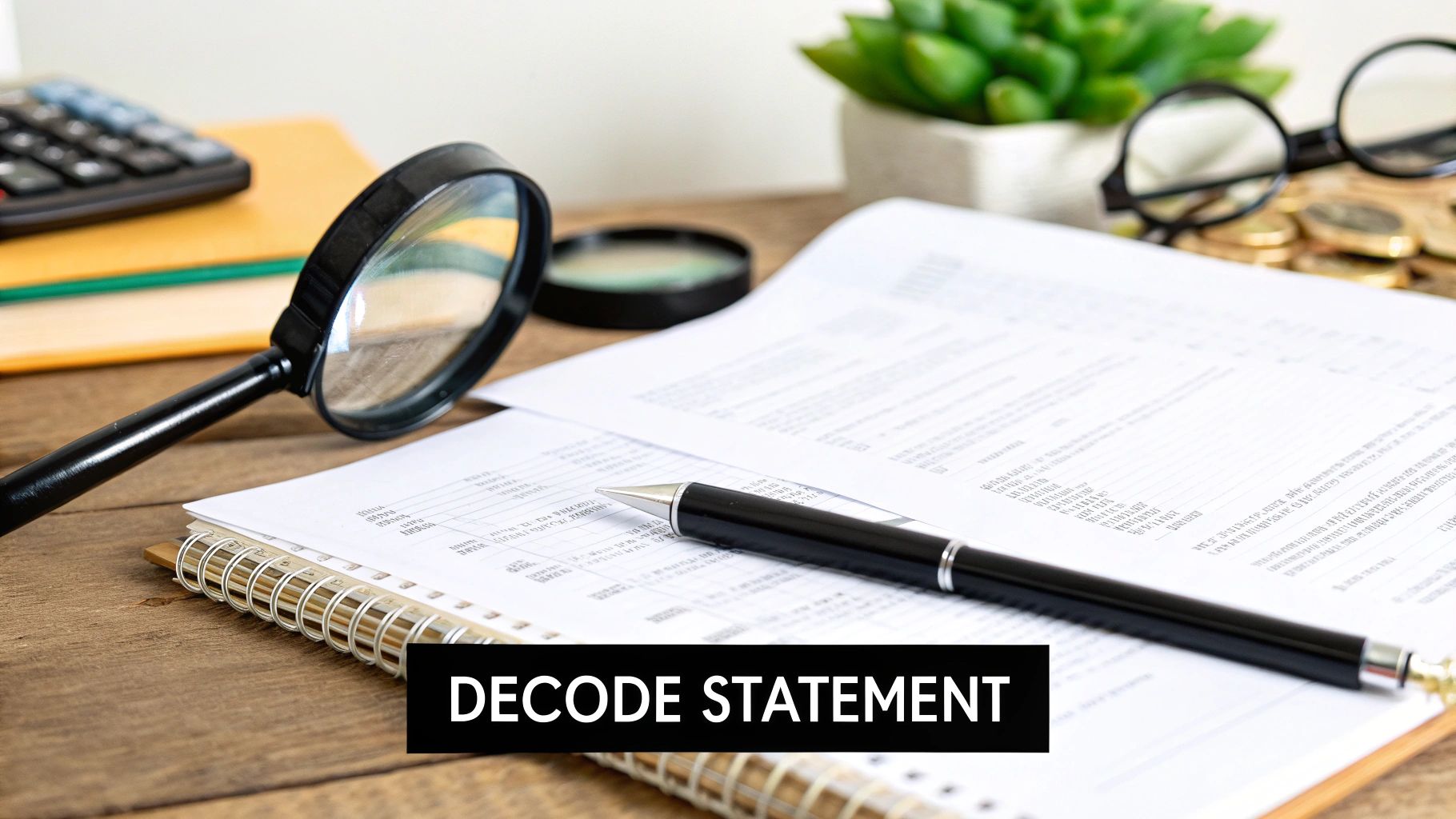 An image of a magnifying glass hovering over a bank statement, highlighting key transaction details.
