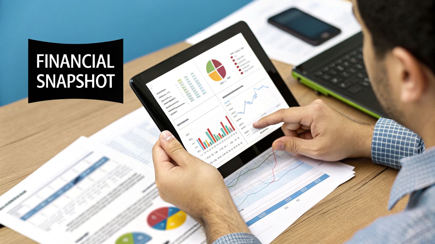A person reviewing financial documents and charts on a desk with a laptop and coffee.