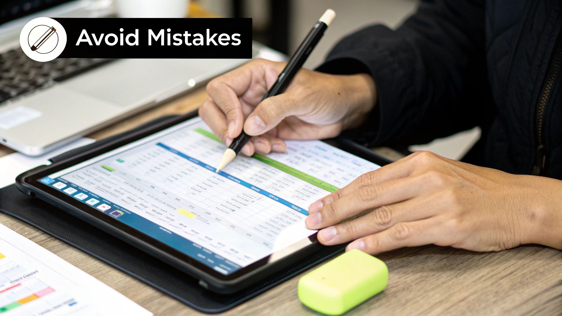 A red warning sign with an exclamation mark, symbolizing the common errors to avoid in financial calculations.