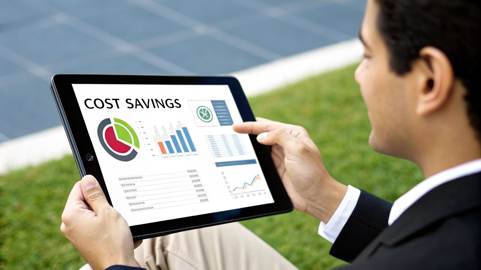 Illustration showing gears turning with icons representing cost savings, accuracy, and efficiency
