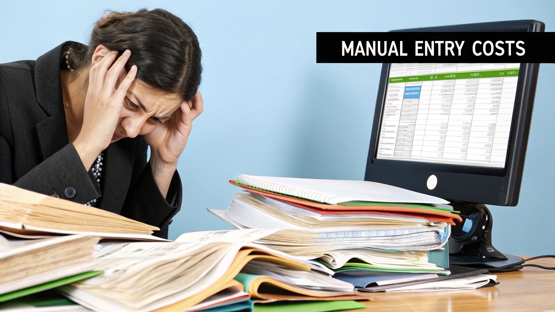 A person looking stressed while manually entering data from a PDF into a spreadsheet on their computer.