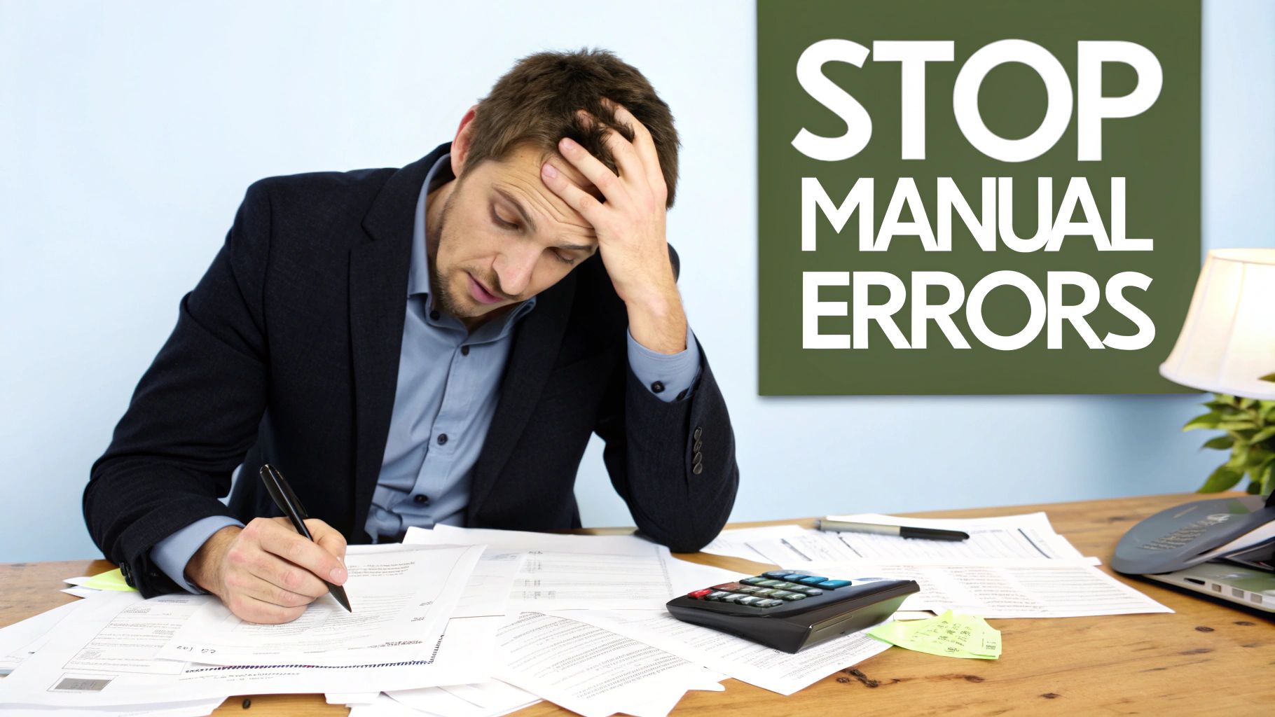 Frustrated person sitting at a desk with papers and a laptop, illustrating the pain of manual reconciliation.