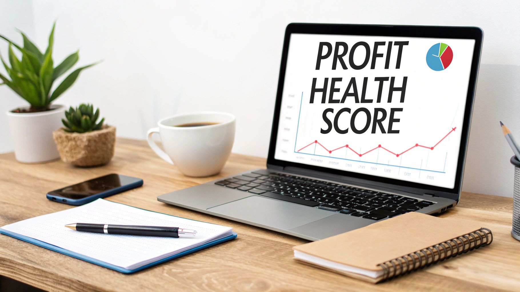 An entrepreneur reviewing financial documents on a laptop with a calculator and coffee nearby, symbolizing business health analysis.