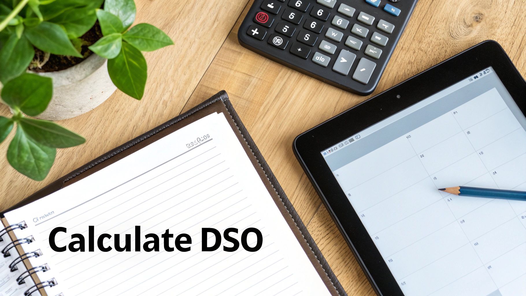 An image of a calculator next to financial documents, illustrating the calculation process for Days Sales Outstanding.