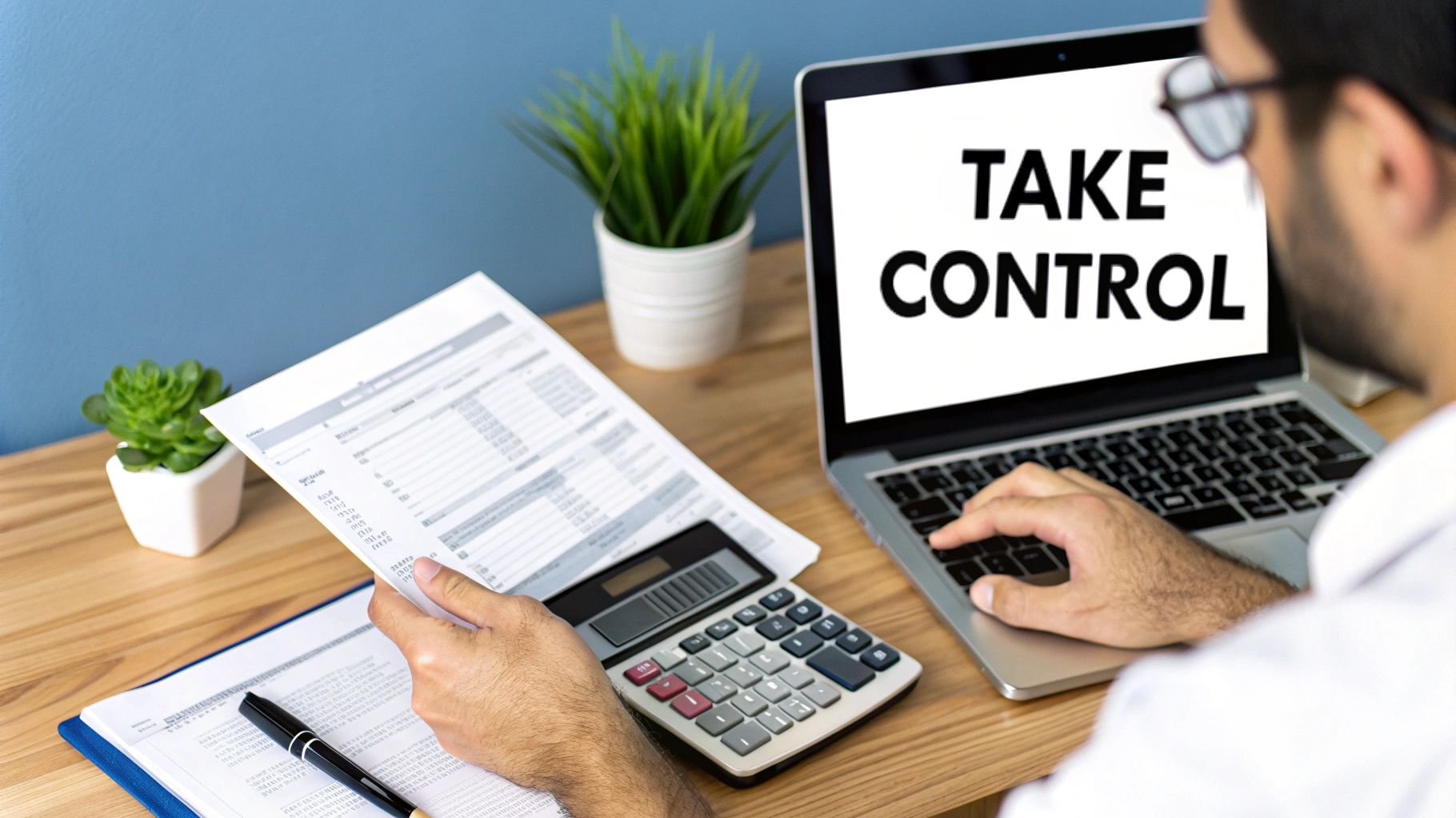 A business owner reviewing financial documents and charts on a laptop, looking confident and in control.